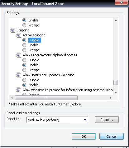 Step 3 >> Disable Active Scripting (Disabling javascript IE)