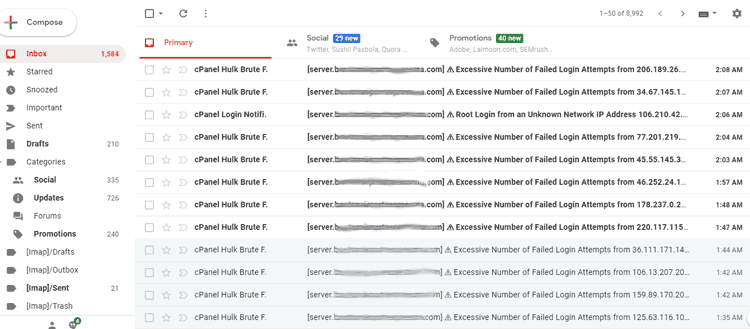 Mailbox filled with Cpanel Hulk Brute force emails.