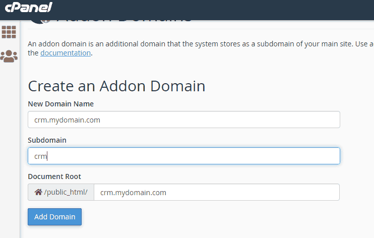 Adding a subdomain on different server using addon domain feature of cpanel/whm