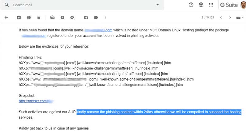 Sample warning email for suspension from Hostgator for violating Security policy due to Phishing caused by hackers.